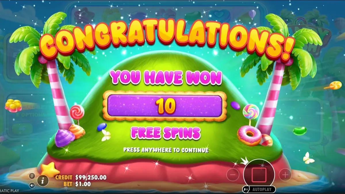Tampilan visual slot Candy Rush dengan simbol permen berwarna-warni di grid 7x7
